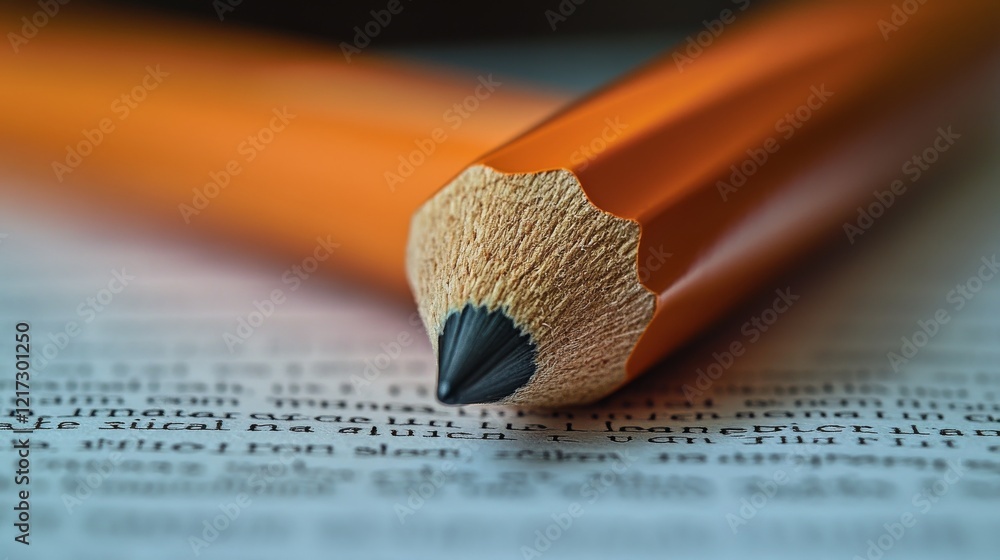 Aufkleber writing tools close up on open book with pencil resting on pages in soft light ambiance