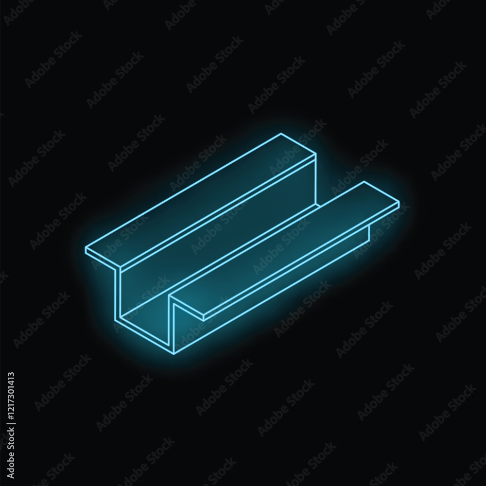 Poster glowing neon c shape steel beam girder for building construction with empty space for your text or a