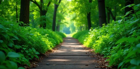 Dense greenery surrounds a weathered wooden pathway, mangrove forest, tropical, wilderness