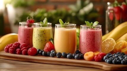 Vibrant bubble tea and fruity smoothies in transparent cups sit on a rustic wooden table, surrounded by an array of fresh, colorful fruits ready to enjoy