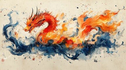 A traditional Chinese dragon in fiery orange and dark blue swirls, painted in a dynamic and flowing artistic style.