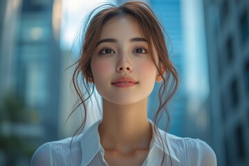 Obraz premium An image of a successful Asian businesswoman poised, gazing ahead at the urban environment