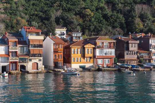 View of waterfront houses small fishing town in Asian side of the city. Anadolu Kavağı, Istanbul, Turkey.