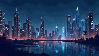 Nighttime city skyline with illuminated buildings reflected in calm waters