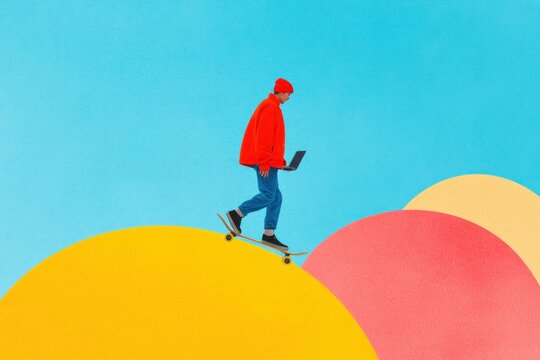 Young man in a red jacket skateboarding while using a laptop against a colorful abstract background, symbolizing creativity and digital lifestyle