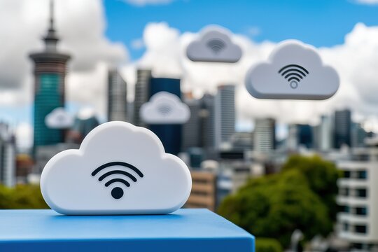 A city skyline featuring clouds with Wi-Fi symbols, symbolizing cloud computing and connectivity in an urban environment.