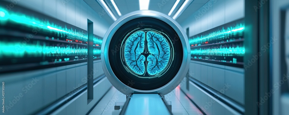 Poster a futuristic corridor features a glowing brain design, surrounded by digital wave patterns, suggesti