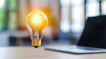 Light bulb on laptop representing business innovation and futuristic technology in a modern workspace