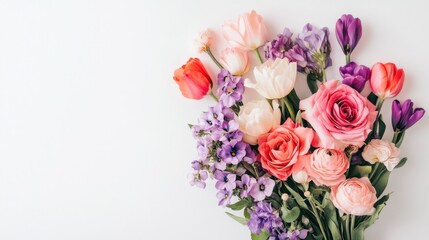 Colorful spring bouquet of tulips, roses, and other flowers on white background.