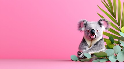 Adorable Koala with Eucalyptus and Palm Leaves on Pink Background