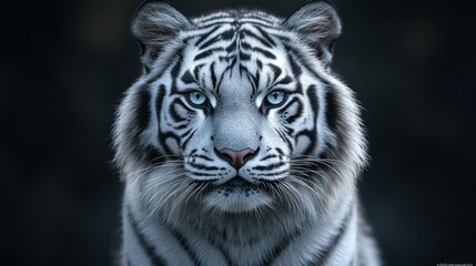 White tiger close-up portrait looking forward on a dark blurred background. For animal or wildlife projects