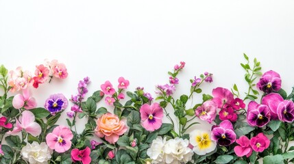 Obraz premium Colorful spring flowers arranged on white background. (1)