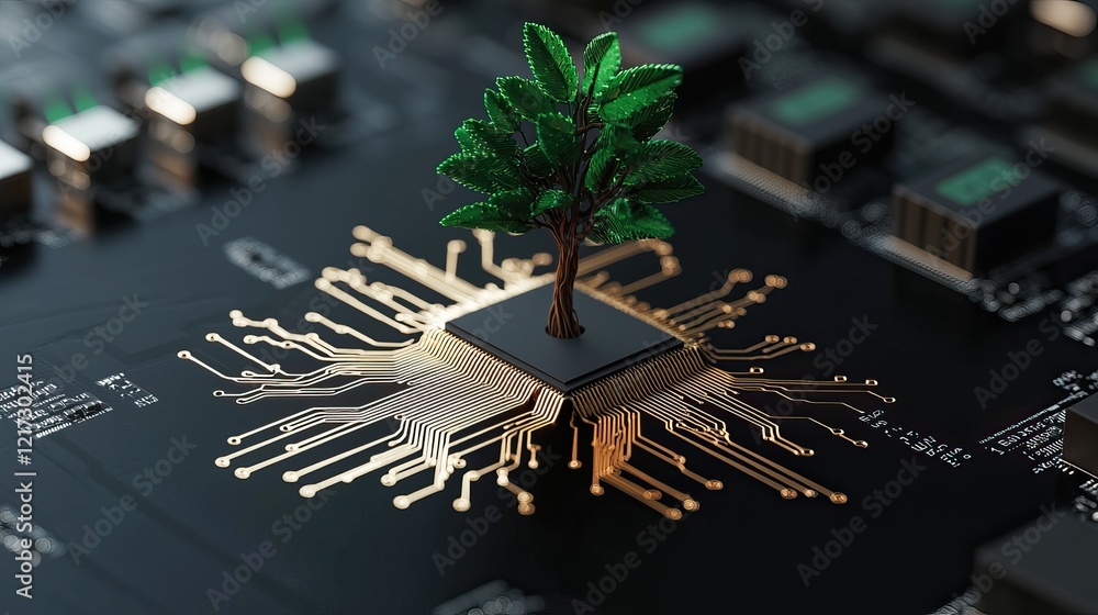Poster a small tree stands atop a computer chip, symbolizing the intersection of technology and nature, sho
