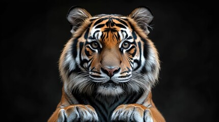Fototapeta premium Majestic tiger portrait, dark background, wildlife, zoo, conservation