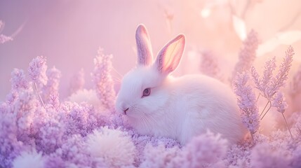 Fototapeta premium Soft white rabbit sits among delicate lavender flowers in a serene garden setting during golden hour,