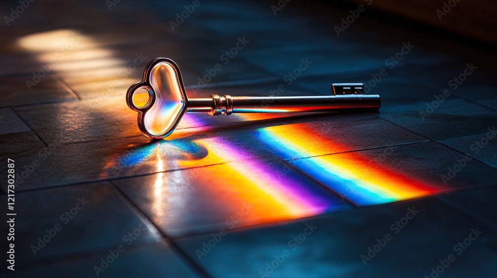 Poster a shimmering key lies on a floor, casting vibrant rainbow colors as light refracts through it, creat