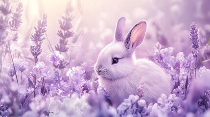 Fototapeta premium Soft white rabbit sits among delicate lavender flowers in a serene garden setting during golden hour,