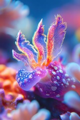 Fototapeta premium A detailed underwater macro image of a tiny nudibranch crawling over colorful coral, its vibrant colors and delicate frills standing out in the reef