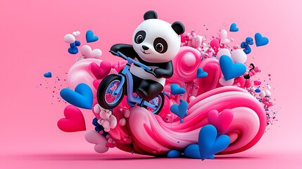 Adorable Panda Riding a Bike Through a Whimsical Heart Shaped Landscape