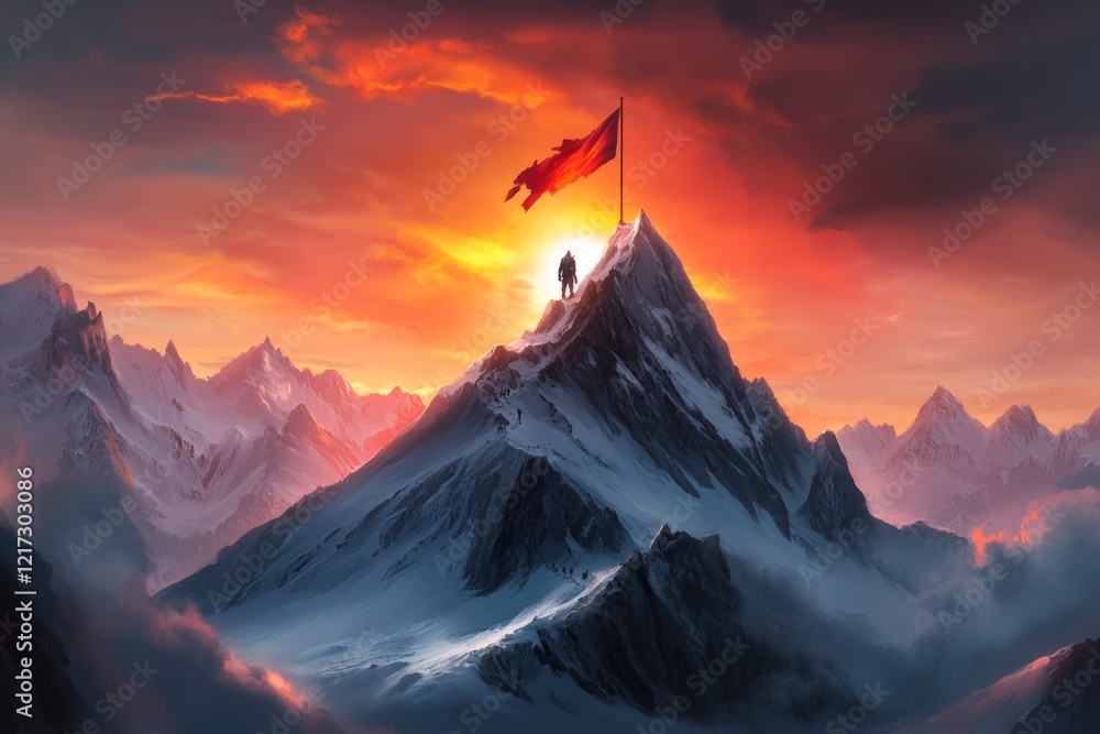 Poster a pixel art scene of a sunrise over a pixelated mountain range, with a tiny character standing at th
