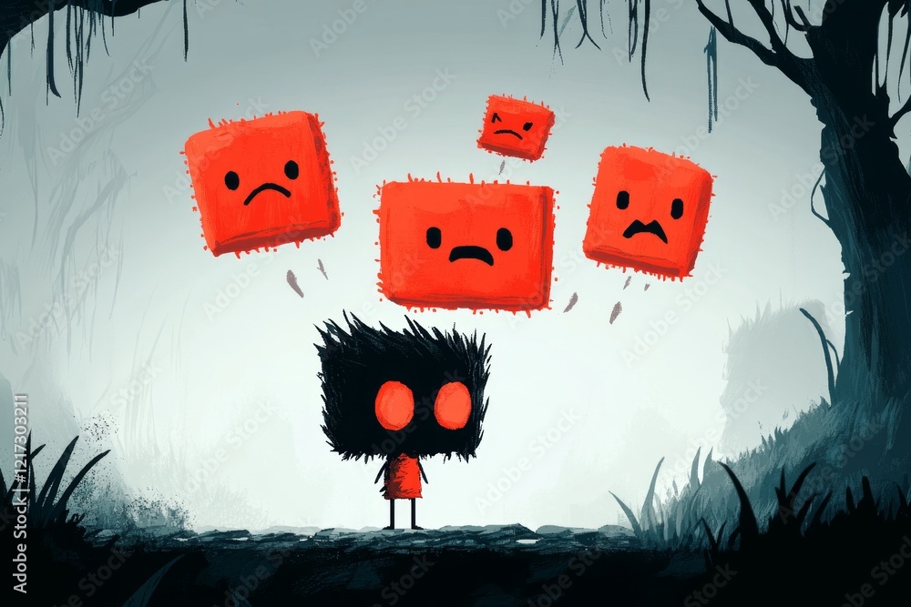 Poster A pixel art scene of a tiny character stomping in anger, with animated red symbols like 