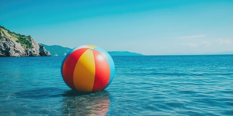 A large red and yellow beach ball is floating in the ocean. The beach ball is the only object in the image