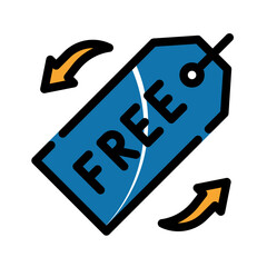Label tag with FREE written on it, two orange arrows. Perfect for promotions, discounts, sales, marketing materials, and online advertisements.
