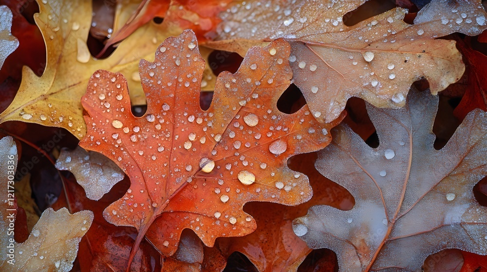 Poster close-up view of colorful autumn leaves with water droplets and natural textures showing the beauty 