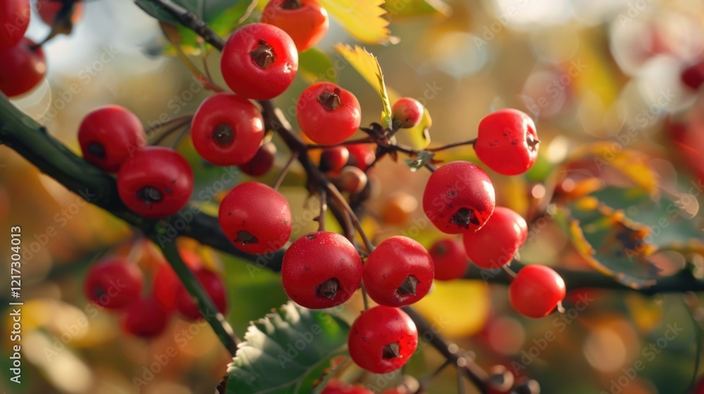 Poster a bunch of red berries hanging from a tree. the berries are small and round, and they are clustered 