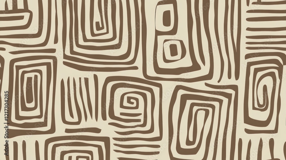 Wall mural abstract geometric pattern with spirals and lines in brown and beige.