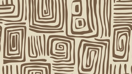 Abstract geometric pattern with spirals and lines in brown and beige.