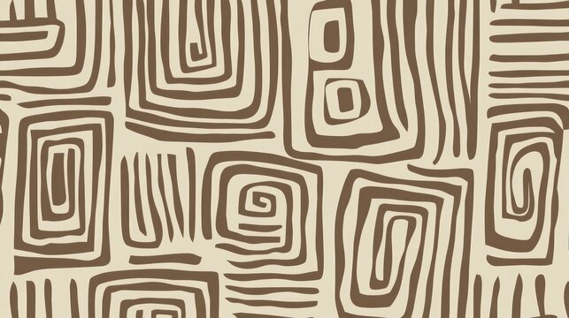 Abstract geometric pattern with spirals and lines in brown and beige.