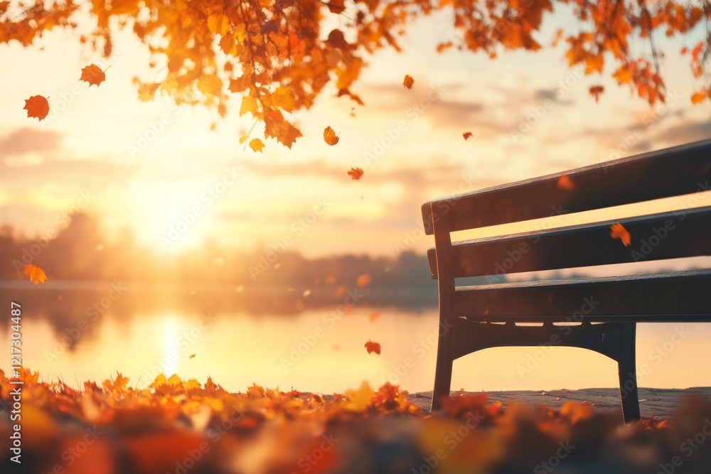 Poster a serene park bench under a large oak tree with fallen leaves scattered around, and sunlight streami