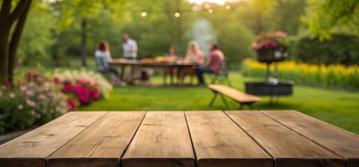 Fototapeta premium A wooden table in the foreground with a blurred view of people enjoying a garden party surrounded by flowers and lush greenery on a sunny day.