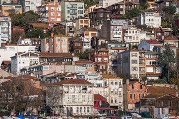 Beautiful apartment buildings on the coast of the Bosphorus on a sunny day, Istanbul, Turkey