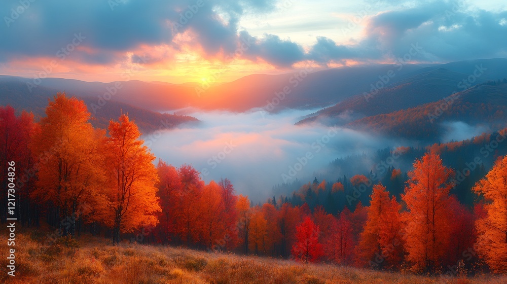 Poster fog drifting through colorful autumn forest soft mist hovering over a meadow at sunrise with distant