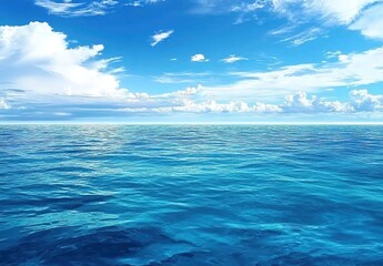 Fototapeta premium A vast expanse of blue ocean, with clear skies and clouds in the background.