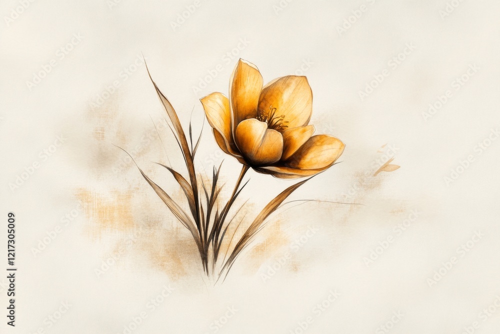 Poster a simple design of a drooping flower, its petals starting to fall, drawn in muted tones against a ne