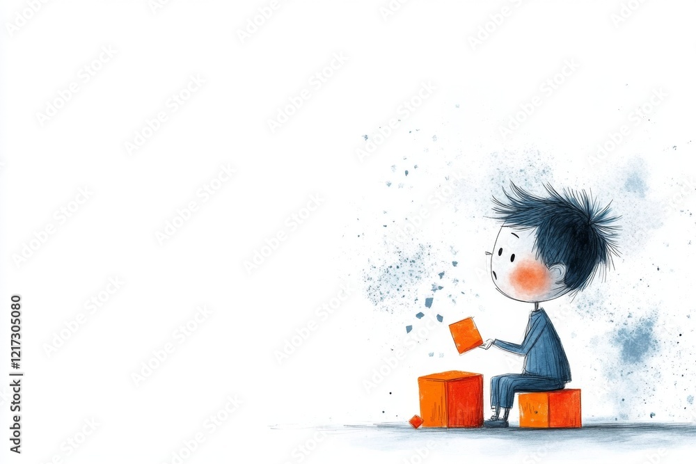 Poster a simple drawing of a child sitting with a broken toy, their face downcast and their expression clea
