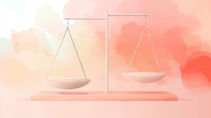 Balanced scales on wooden base against pastel watercolor background.