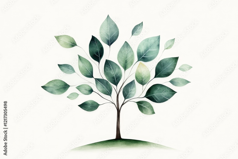 Poster a simple line-art illustration of a serene tree with falling leaves, drawn in soft green tones on a 