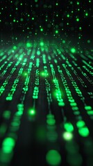 An abstract digital matrix with glowing green light patterns symbolizing data, technology, and connectivity