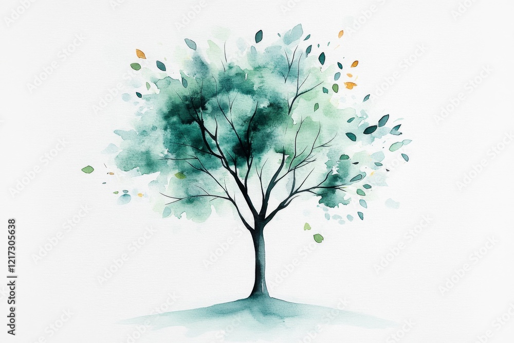 Poster a simple line-art illustration of a serene tree with falling leaves, drawn in soft green tones on a 