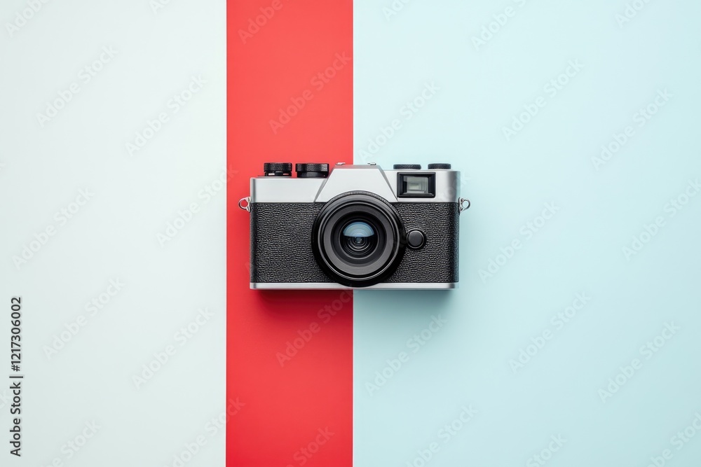 Poster a silver camera is placed on a red and blue striped background. the camera is the main focus of the 