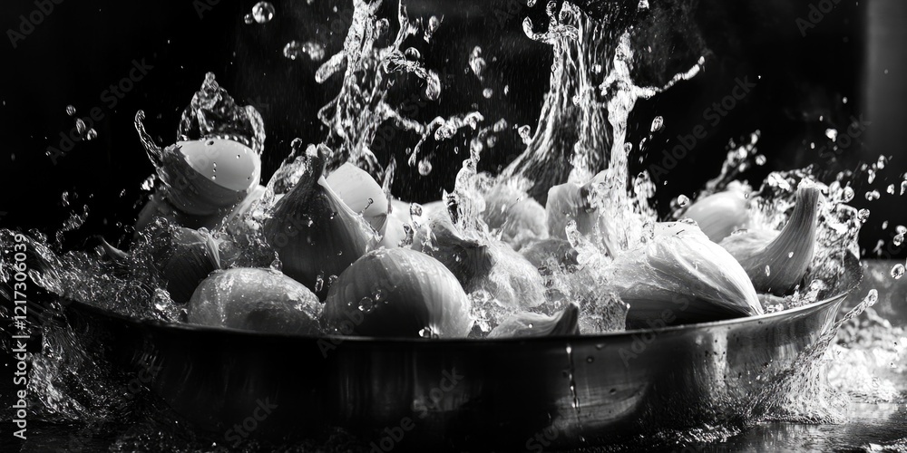 Poster a close up of a pan of chopped garlic and onions in water. the water is splashing and the garlic and