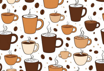 Obraz premium Simple Coffee Mug Pattern Featuring Various Designs and Steaming Beverages on Light Background with Coffee Beans - Cozy and Minimalist Design