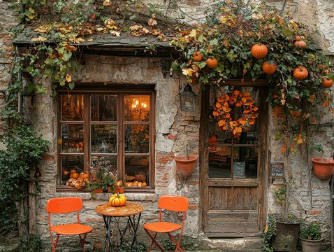 Backyard living with orange chairs that have cushions, a table on the patio, plants, and a wooden wall