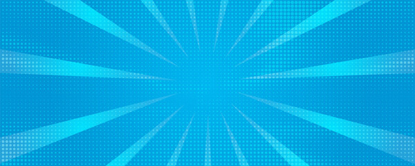 Comic background. Pop art texture. Starburst cartoon style. Anime design with explosion effect for print. Fun dot pattern. Blue backdrop with halftone gradient.