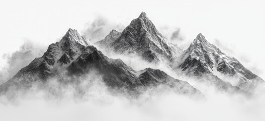 A black and white photograph showcasing fog-covered, snowy high mountains in a wide-angle view
