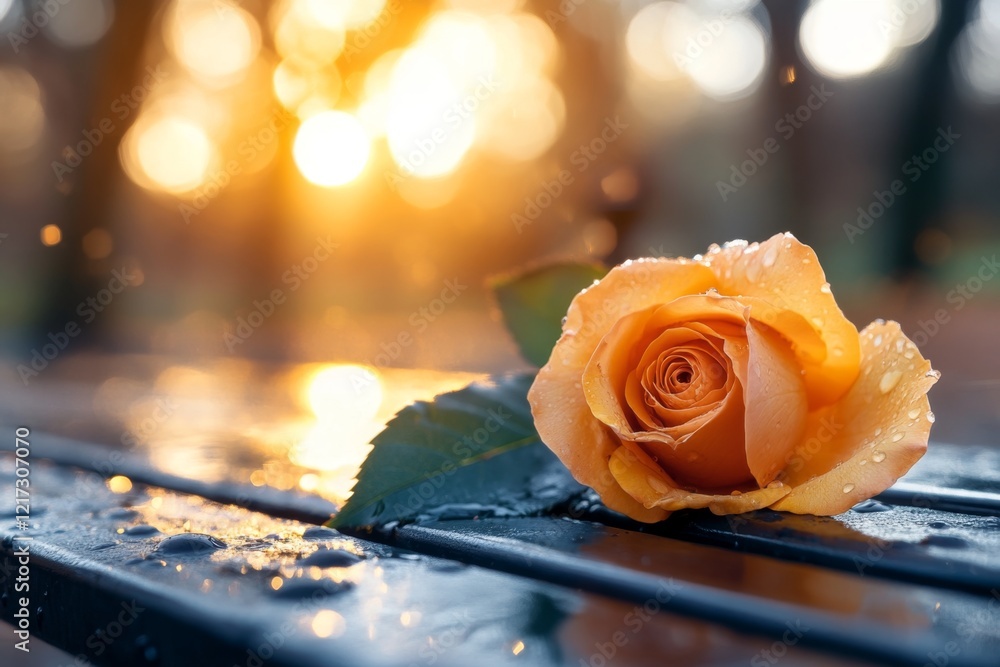 Poster a single rose lying on an empty park bench, its petals beginning to wilt under the soft afternoon li